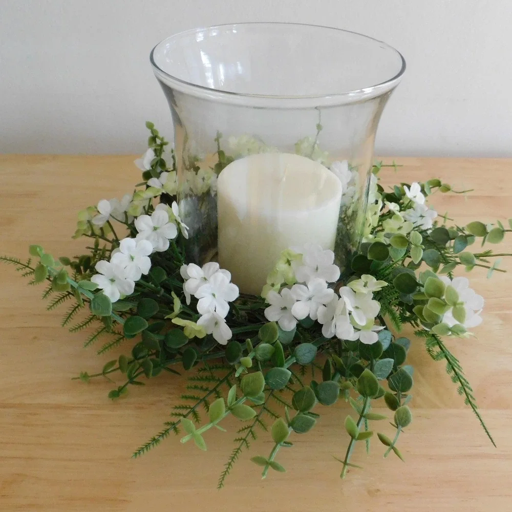 Ferns Vines Hydrangea Mini Wreath White Flowers Candle‎ Ring Wedding decor